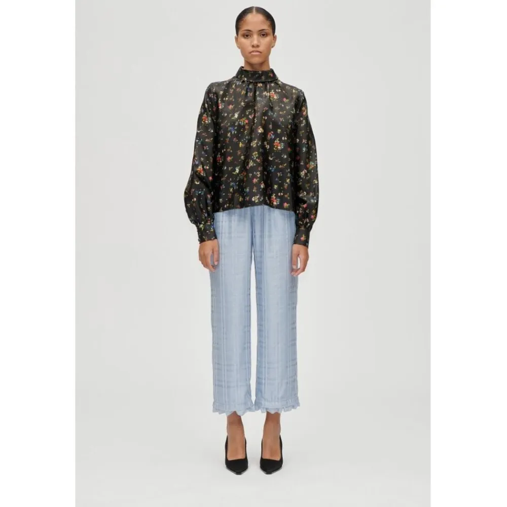 Dame Stine Goya 2067 Flat Textured Poly, Gathered Ruffle Long Sleeve Top