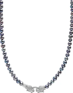 Nialaya Black Pearl Choker with Double Panther Head in Silver