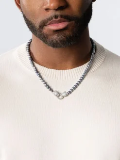 Nialaya Black Pearl Choker with Double Panther Head in Silver