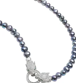 Nialaya Black Pearl Choker with Double Panther Head in Silver