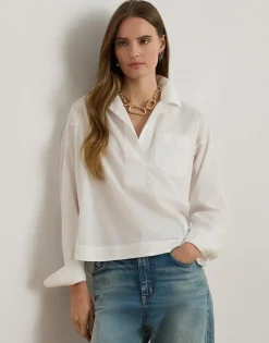 Lauren Ralph Lauren Cotton Broadcloth Cropped Shirt Hvid Outlet
