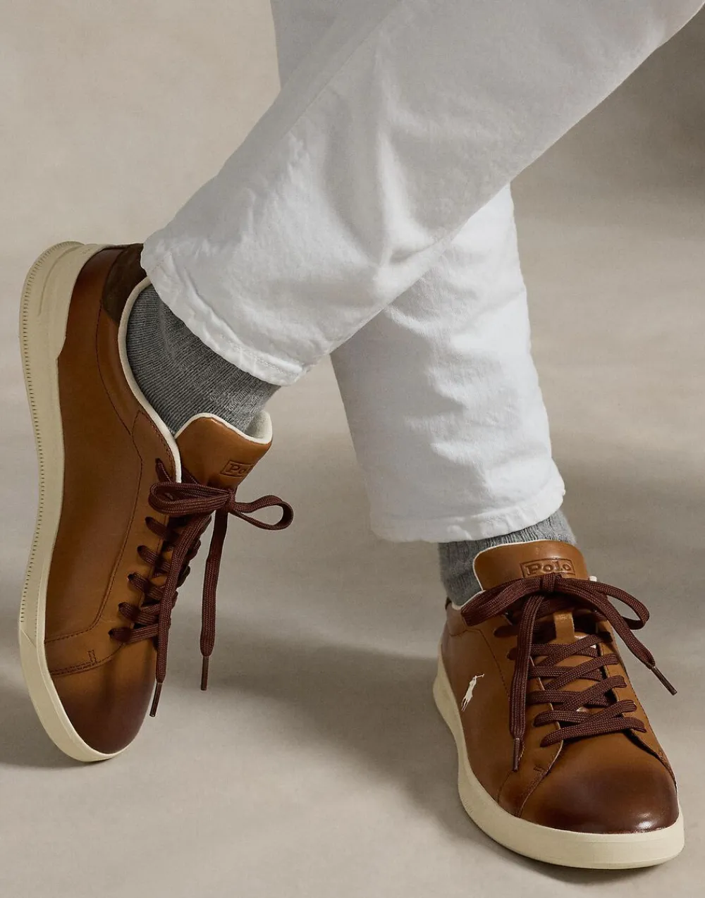 Polo Ralph Lauren Heritage Court II Leather Sneaker Tan/ecru pp Clearance