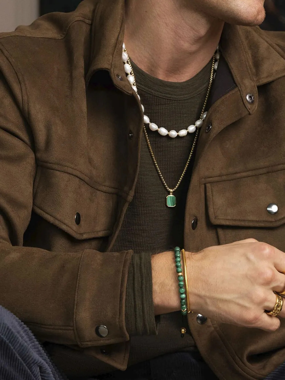 Nialaya Men's Beaded Bracelet with Malachite and Gold Plating Green Online