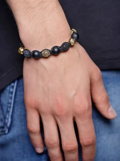 Nialaya Men's Beaded Bracelet with Matte Onyx and /Gold CZ Diamonds