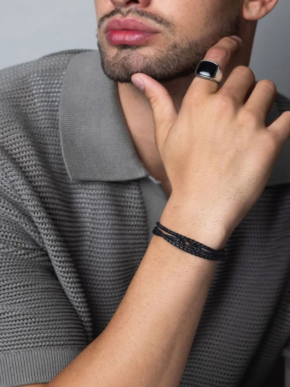 Men's Black Wrap Around Leather Bracelet>Nialaya New