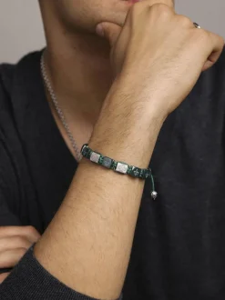 Nialaya Men's Ceramic Flatbead Bracelet in Green and Silver