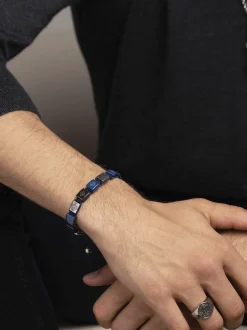 Nialaya Men's Ceramic Flatbead Bracelet in Blue and Silver