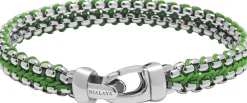 Nialaya Men's Green Woven 8mm Box Chain Bracelet in Silver