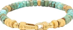 Nialaya Men's Hexagon Beaded Bracelet with Green and Gold