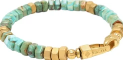 Nialaya Men's Hexagon Beaded Bracelet with Green and Gold