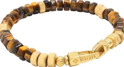 Nialaya Men's Hexagon Beaded Bracelet with Tiger Eye and Gold Brown Sale