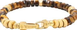 Nialaya Men's Hexagon Beaded Bracelet with Tiger Eye and Gold Brown Sale