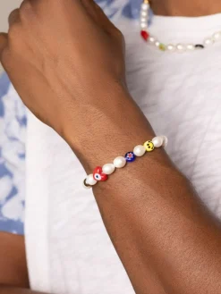 Nialaya Men's Smiley Face Pearl Bracelet Multi Clearance