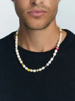 Nialaya Men's Smiley Face Necklace with Assorted Beads Pearl