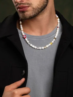Nialaya Men's Smiley Face Necklace with Assorted Beads Pearl