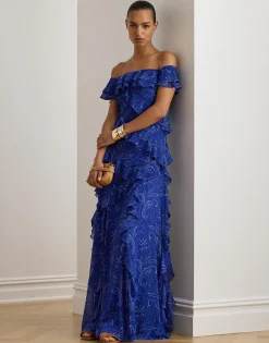 Lauren Ralph Lauren Print Ruffle-Trim Off-the-Shoulder Gown Blue multi Clearance