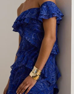 Lauren Ralph Lauren Print Ruffle-Trim Off-the-Shoulder Gown Blue multi Clearance