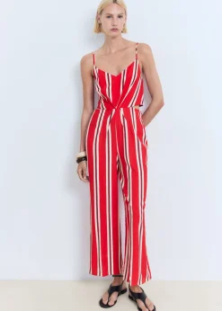 MANGO Striped jumpsuit with cut-out Red