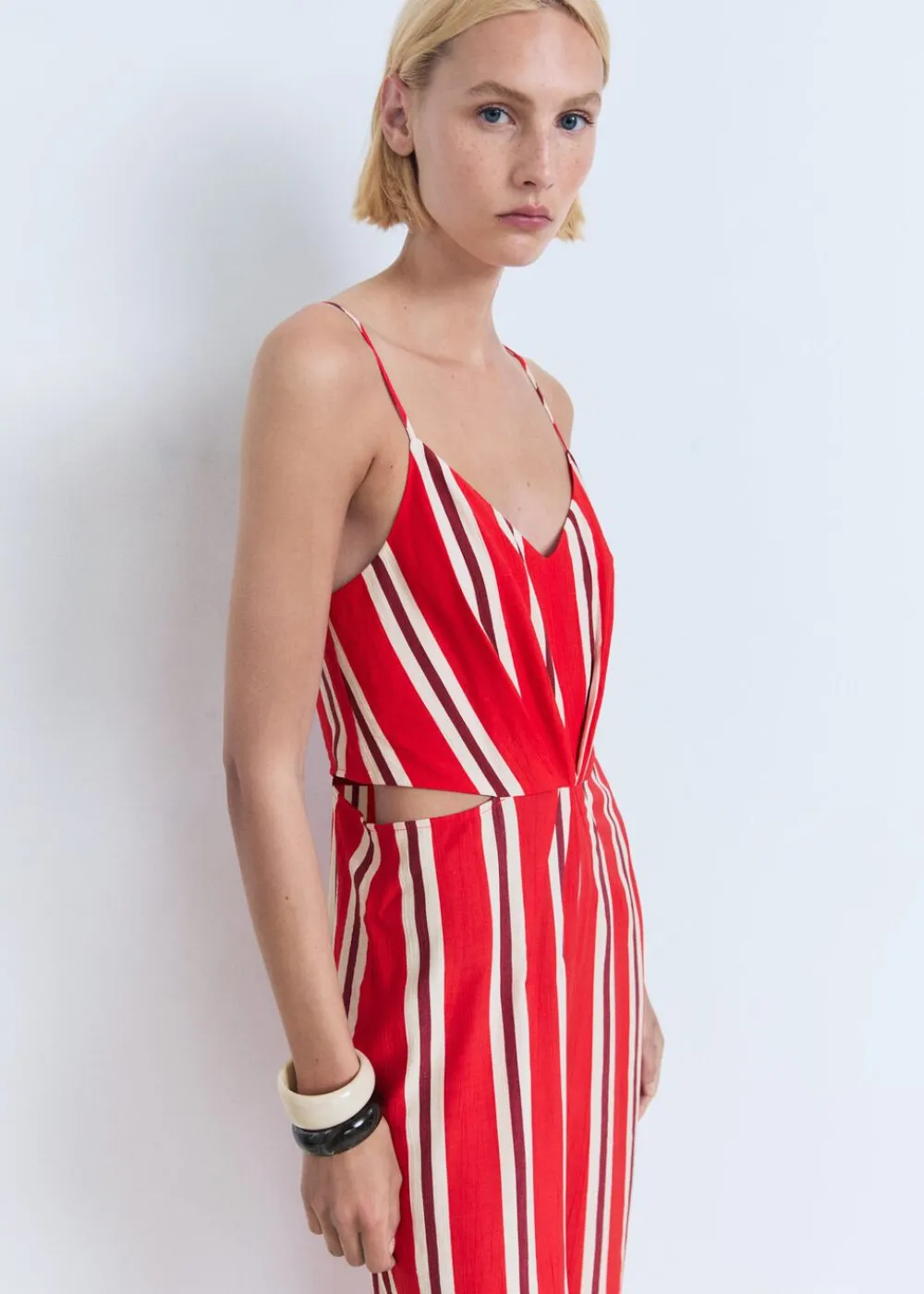 MANGO Striped jumpsuit with cut-out Red