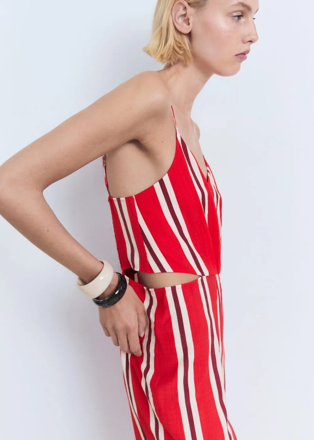 MANGO Striped jumpsuit with cut-out Red